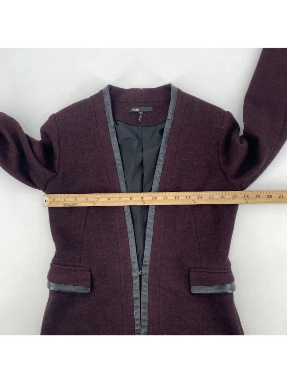 Maje Size 38 Medium Burgundy Wool Blazer W/ Leather Trim Jacket Fitted